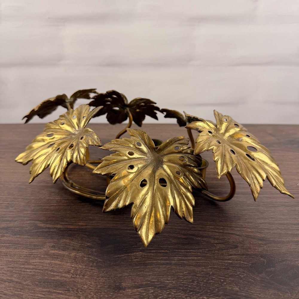 Vintage Brass Tropical Leaf Candelabra Centerpiece 4 Cup Candle Holder Japan